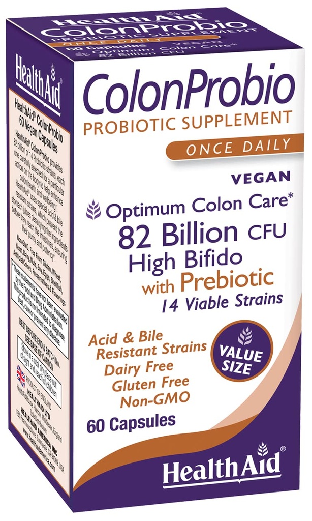 HealthAid ColonProbio 82 Millioner med Prebiotic, 14 Stammer, En gang dagligt, 60ct, Optimum Colon Care, Acid & Bile resistent, Dairy Free, Gluten Free, Non- GMO, High Bifido