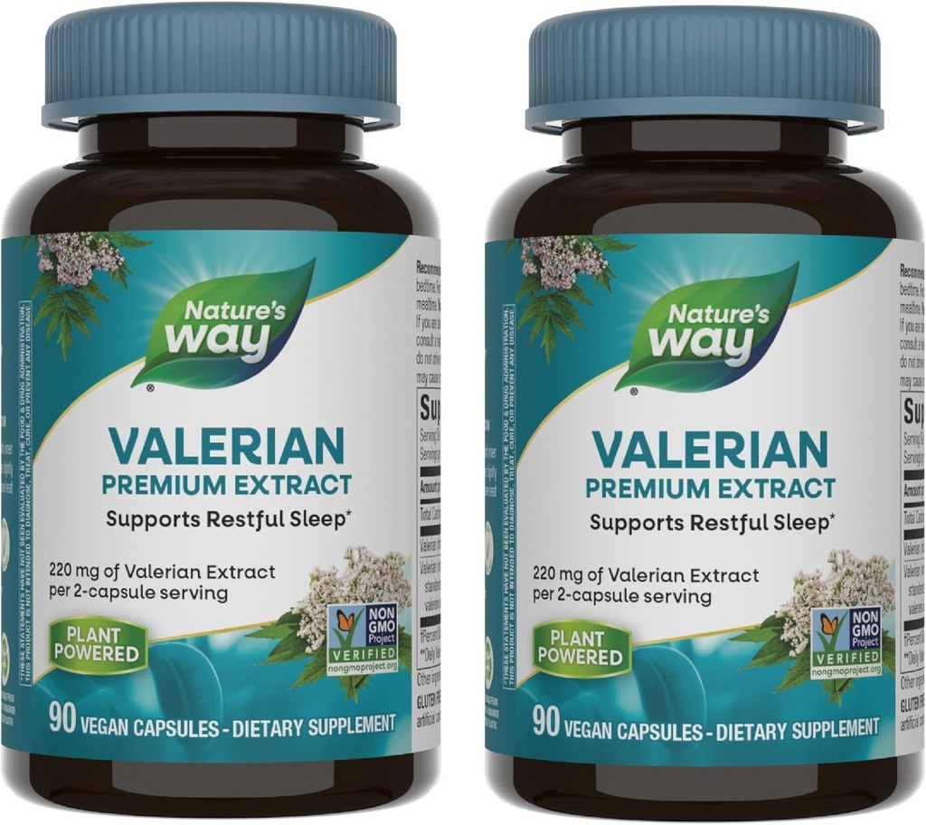 Nature's Way Valerian Premium Extract - 220 mg of valerian extract per 2-capsule Serving - Supports Restful Sleep* - Non-GMO Project Verified - Herbal Supplements - Gluten Free - 90 Capsules (2 Pack)