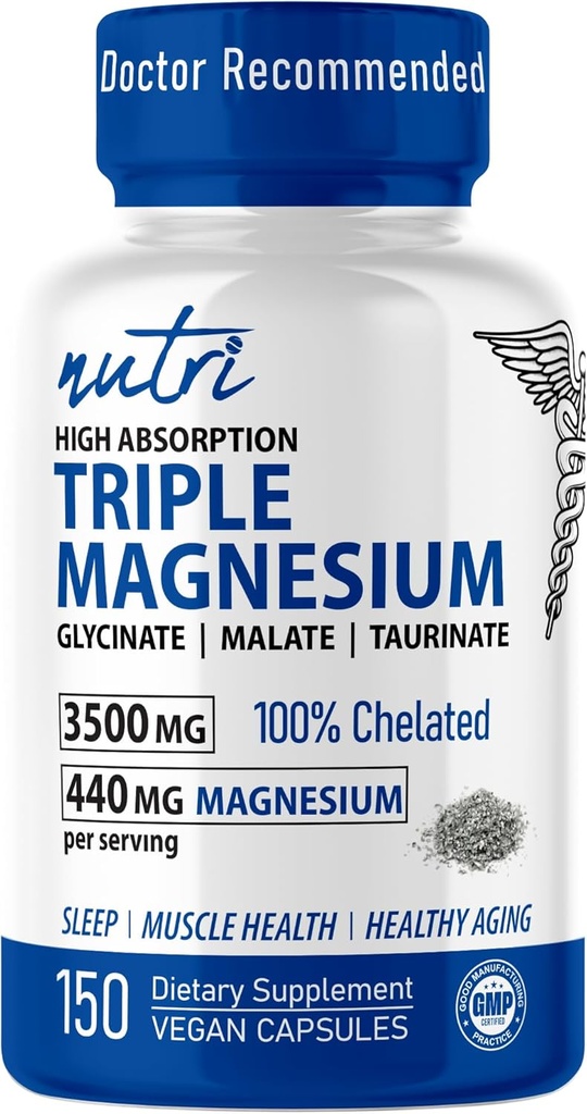 Nutri Triple Magnesium Complex 440mg - Magnesium Glycinat, Malat, & Taurinat - 100% Chelated for Maximum Absorption - 120 Vegan Capsules - Triple Complex Magnesium - Magnesio Triple Complex