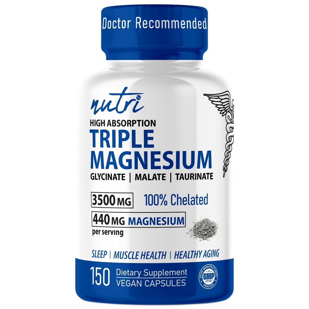 Nutri Triple Magnesium Complex 440mg - Magnesium Glycinate, Malate, & Taurinate - 100% Chelated for Maximum Absorption - 120 Vegan Capsules - Triple Complex Magnesium - Magnesio Triple Complex