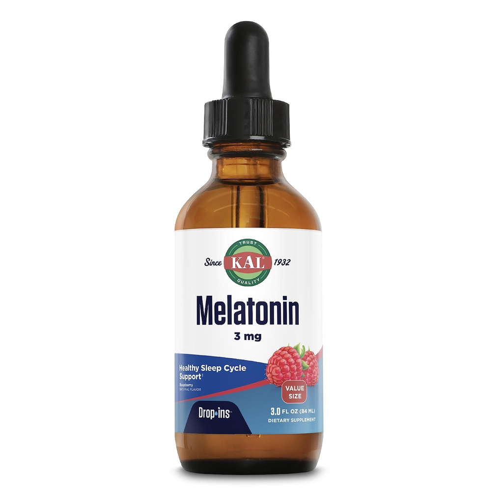 KAL Melatonin 3mg DropIns, Hurtig fungerende sovestøtte, Melatonin Drops til Calming Afslapning og sund søvn cyklus støtte, Natural Raspberry Flavor, 60 Dag Garanti, Ca. 88 Servering, 3 fl oz