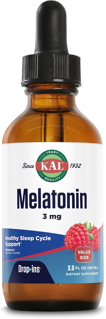 KAL Melatonin 3mg DropIns, Hurtig fungerende sovestøtte, Melatonin Drops til Calming Afslapning og sund søvn cyklus støtte, Natural Raspberry Flavor, 60 Dag Garanti, Ca. 88 Servering, 3 fl oz