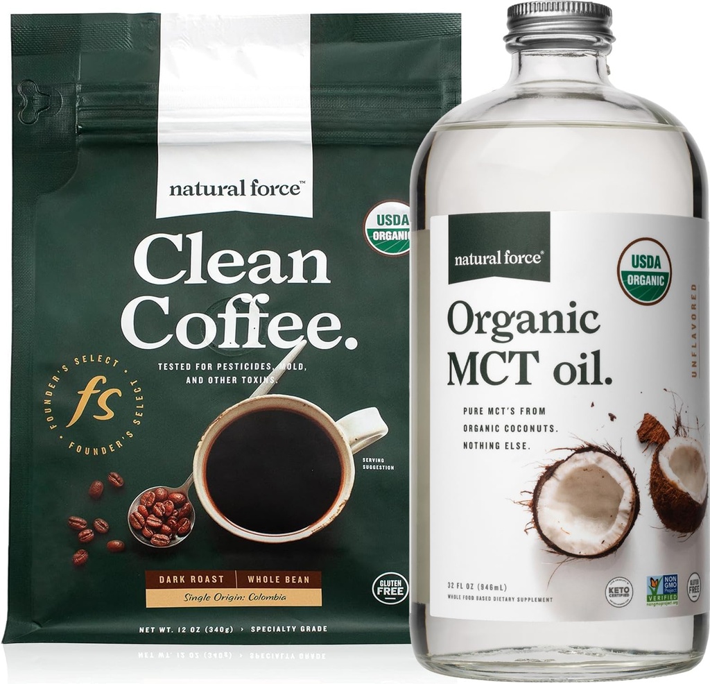 Natural Force Organic Dark Roast Clean Coffee + Organic MCT Oil Bundle - 100% Pure Coconut MCTs & Mold & Mycotoksin Free Coffee - Non- GMO, Keto, Paleo, og Vegan - 12 Oz og 32 Oz