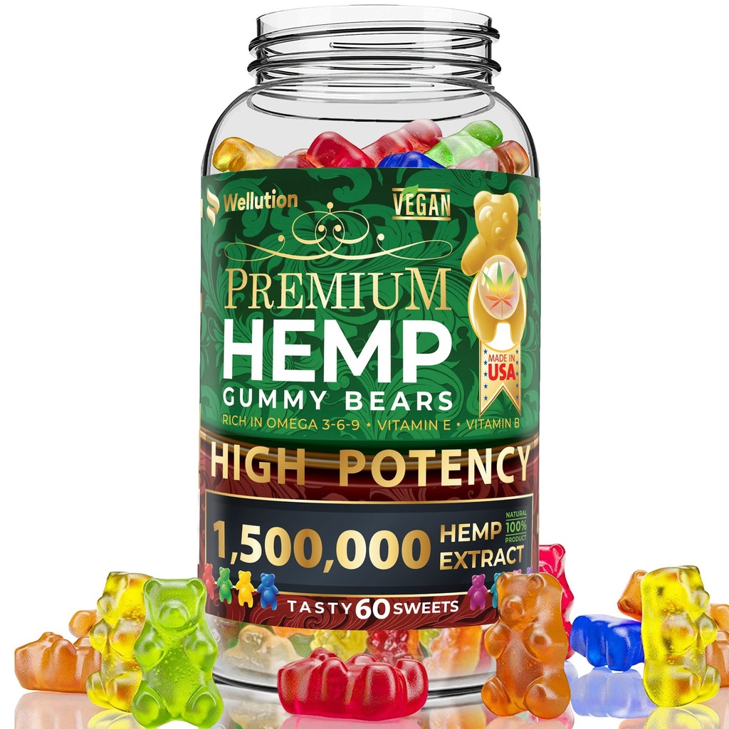 WELLUTION Hamp Gummies - Høj potens 1.500.000 MCG - Naturlig Fruit Bear for afspænding og fred - Fast- Fungerende - 60kt