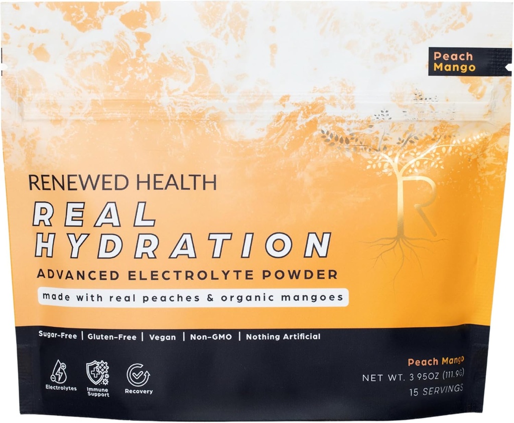 Real Hydration - Økologisk Frugt- Baseret Electrolyte Mix - Lavet med Økologiske Frugter & Pink Salt - Zero Sugar & Vegan - Hydrering, Immun & Recovery Support (15 Servere, Peach Mango)