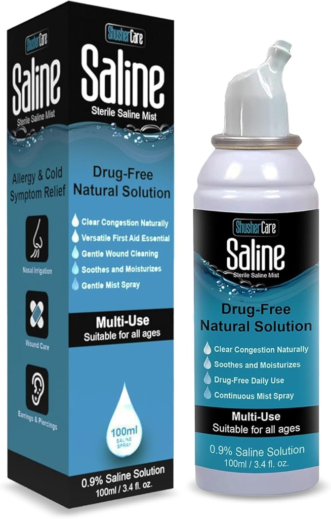 Saline Spray for Næse - Nasal Spray Saline Solution for Newborn, Baby & Voksne, Salt vand dekongestant Mist for Stuffy Næse, Rejser venligt, Natural, 0,9% Saline - 100 ml (3.4 fl oz)