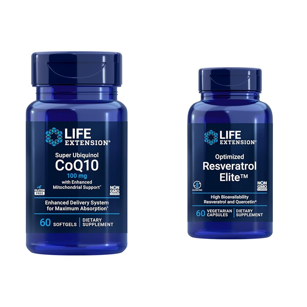 Life Extension Super Ubiquinol CoQ10 60 Softgels og optimeret Resveratrol Elite 60 Vegetariske Kapsler Bundle