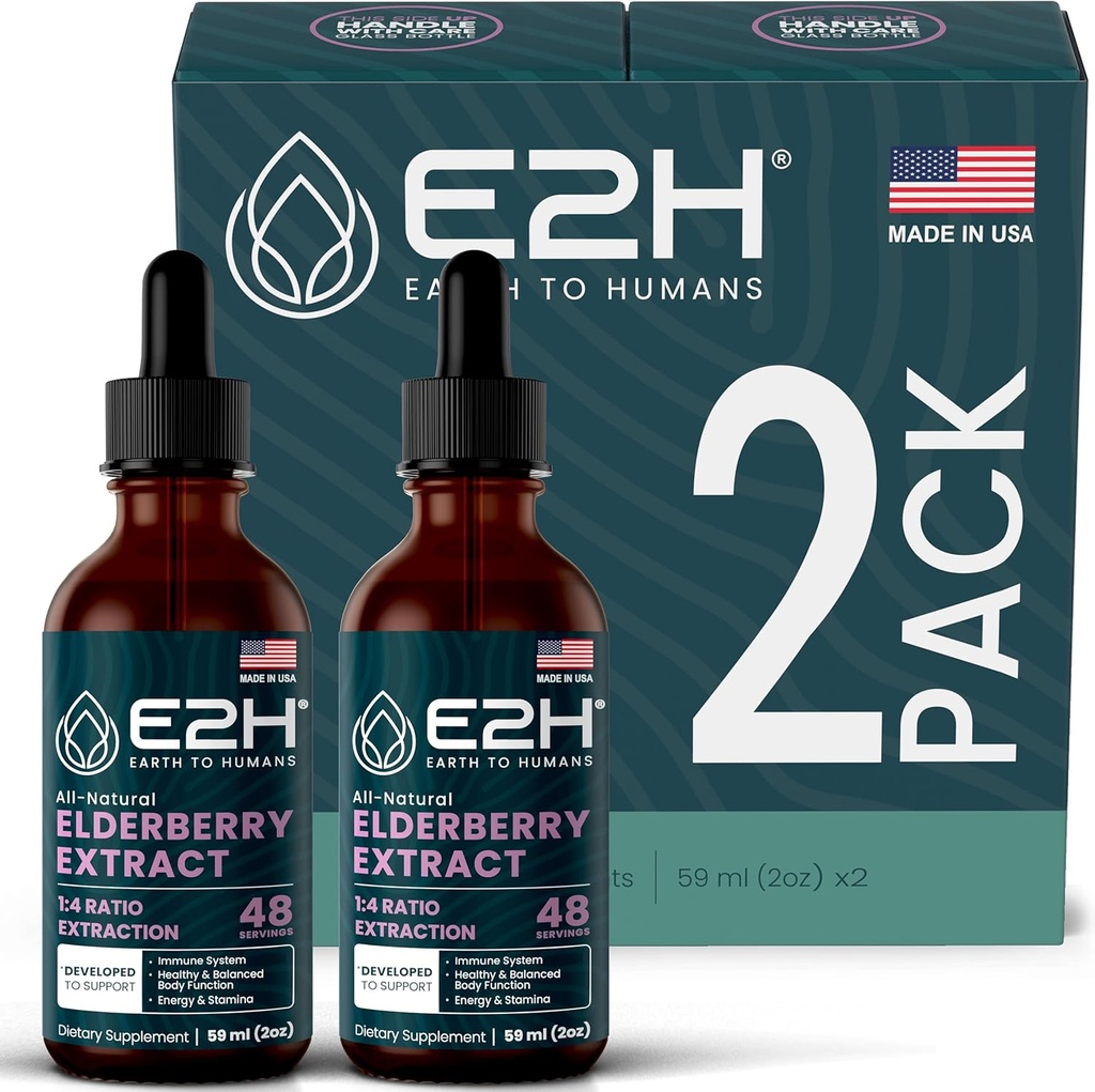 E2H Elderberry Syrup - Powerfull Antioxidants Supplement fra Organic Elderberry Extract - Sambucus Elderberry Syrup til børn og voksne for immunsupport124; Non- GMO, Vegan (2 flasker)