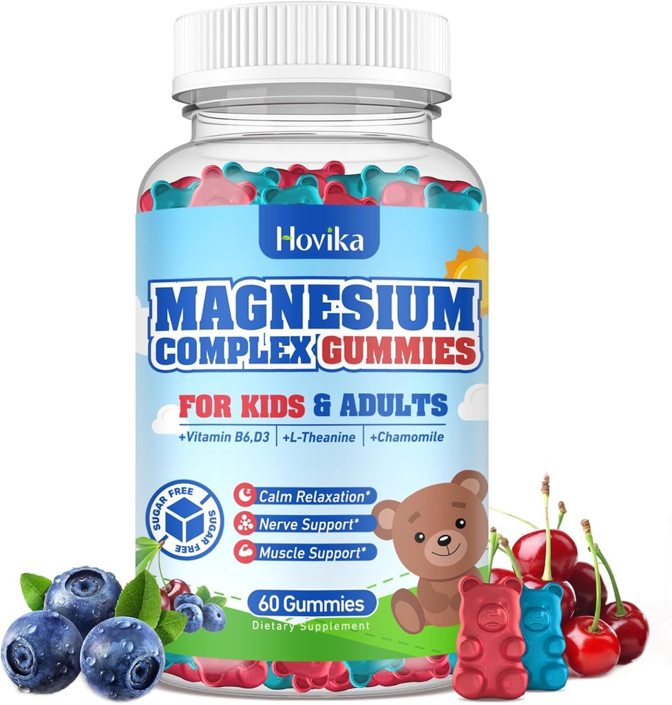 Kids Magnesium Gummies - Magnesium Glycinat Citrat Chewable Supplement med vitamin B6, D3, Passion Flower, L- theanin - Sukker Free Calm Magnesium for børn & voksne søvn, Mood, Afslapning, 60 Chews