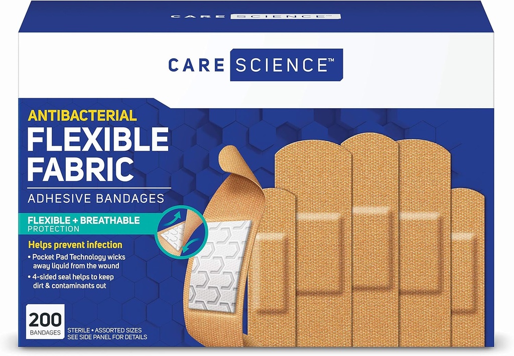 Care Science Fabric Adhesive Bandages, 200 ct Bulk Assorterede størrelser 124; Fleksibel + åndbar beskyttelse for førstehjælp og Sårpleje