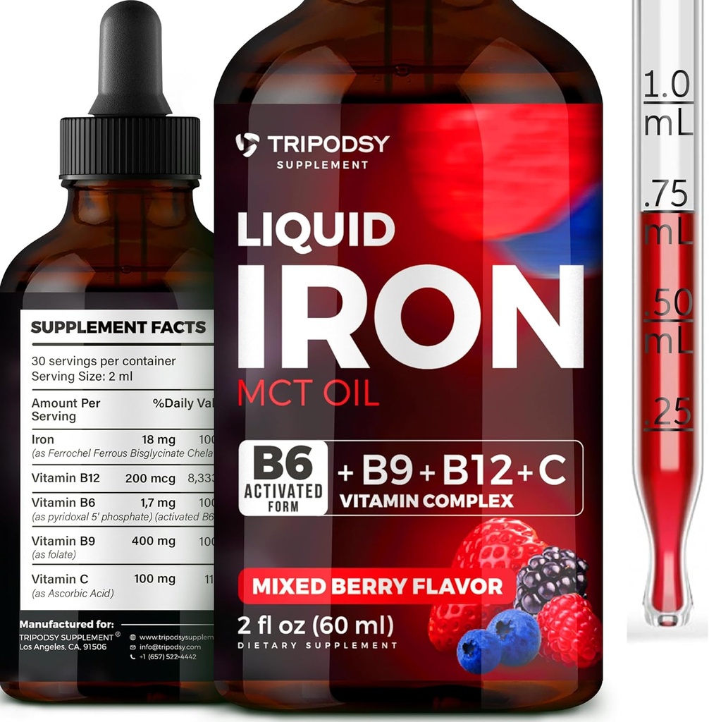 Flydende jerntilskud til kvinder og mænd - jerndråber med B6, B9, B12, C-vitamin for anæmi, blod builder, folat for røde blodceller og immunforsvar MCT Oil (2 Fl Oz, blandet berry)