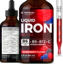 Flydende jerntilskud til kvinder og mænd - jerndråber med B6, B9, B12, C-vitamin for anæmi, blod builder, folat for røde blodceller og immunforsvar MCT Oil (2 Fl Oz, blandet berry)