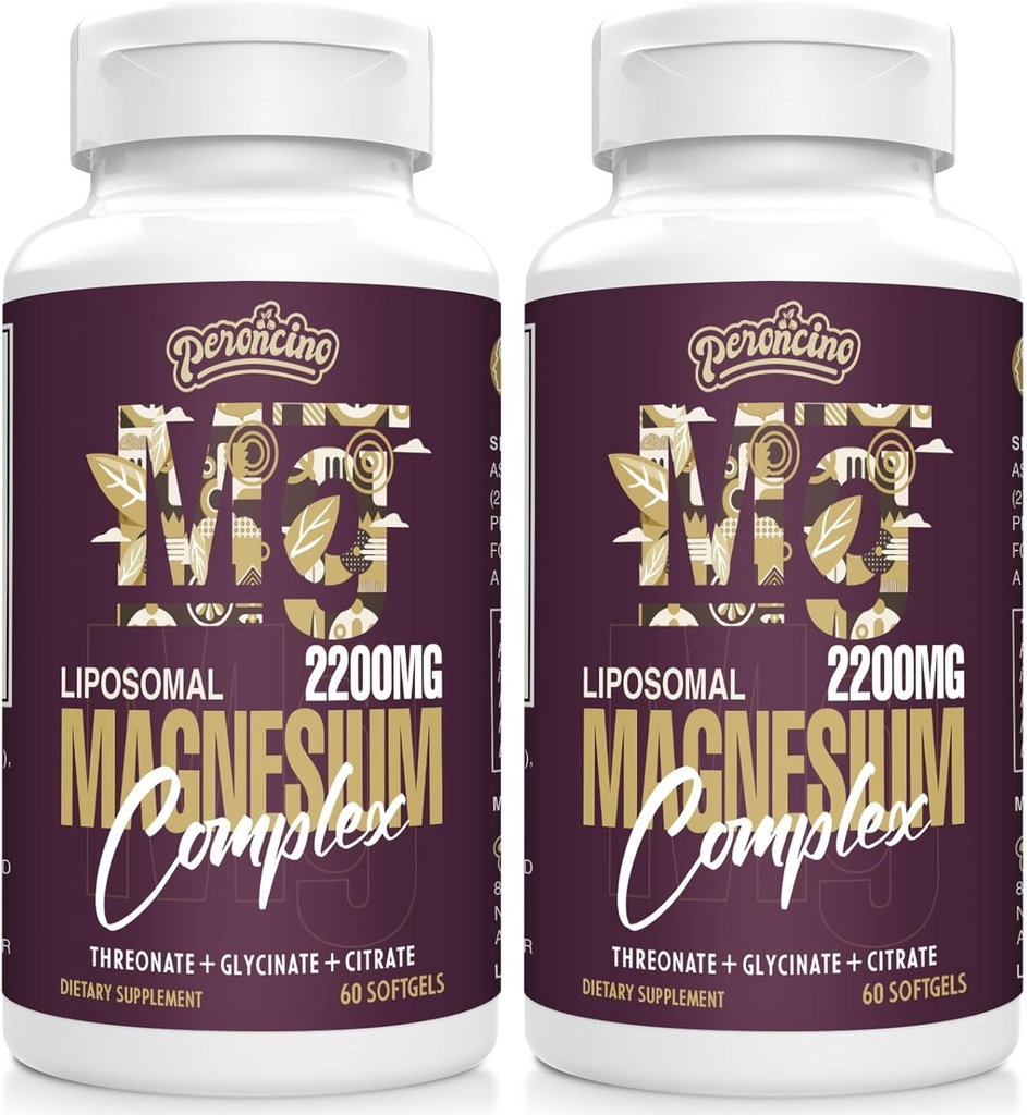 Liposomal Magnesium Complex 2200MG Softgels, Magnesium Threonate, Magnesium Glycinate, Magnesium Citrate, Three- in- one Supplement, Gluten Free, 60 Softgels (120 Tæl (pakke med 2))