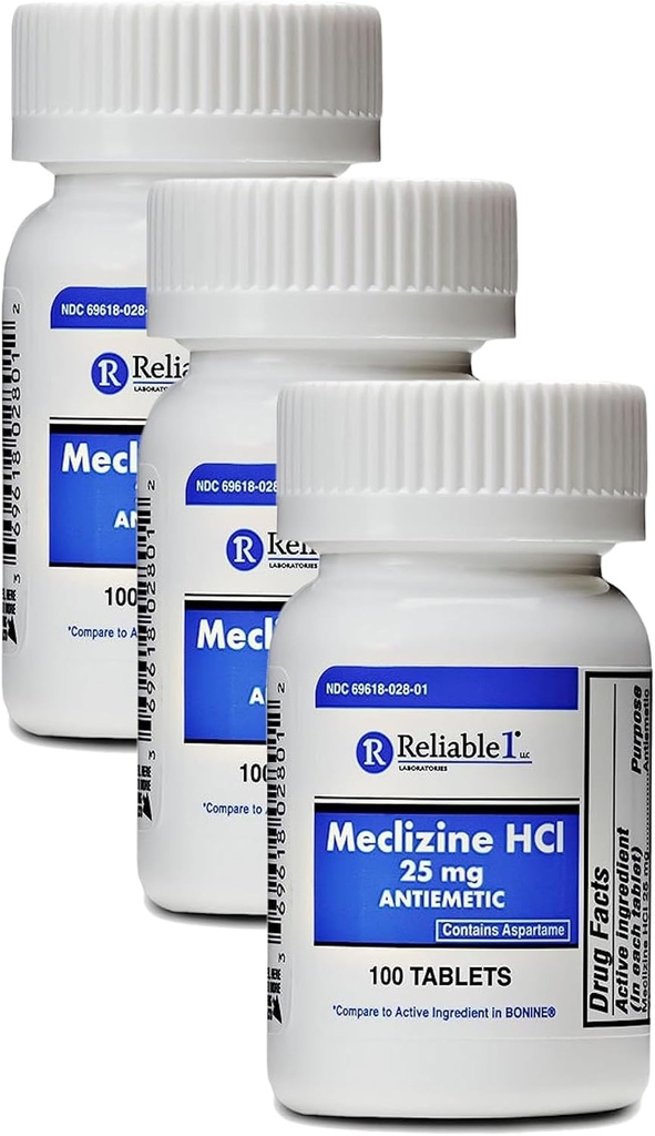 Meclizin HCL 25mg 100 tabletter (1 flaske) (pakning med 3 stk.)
