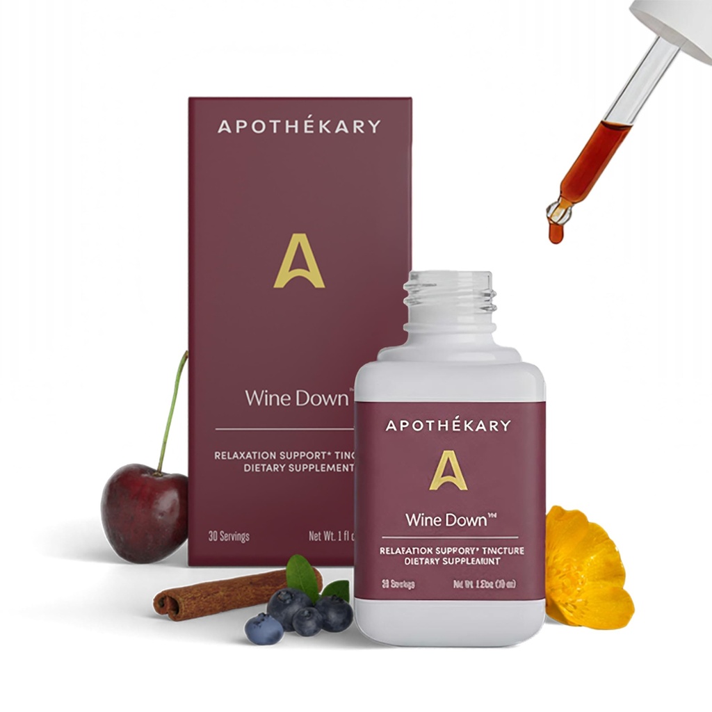 Apothékary Wine Down, Natural Sleep and Relaxation Support, Alkohol- Free Red Wine- Inspired Herbal Liquid Drops, Består af blå Verbena, Tart Cherry, og Californien Poppy, 1 oz, 30 Servere