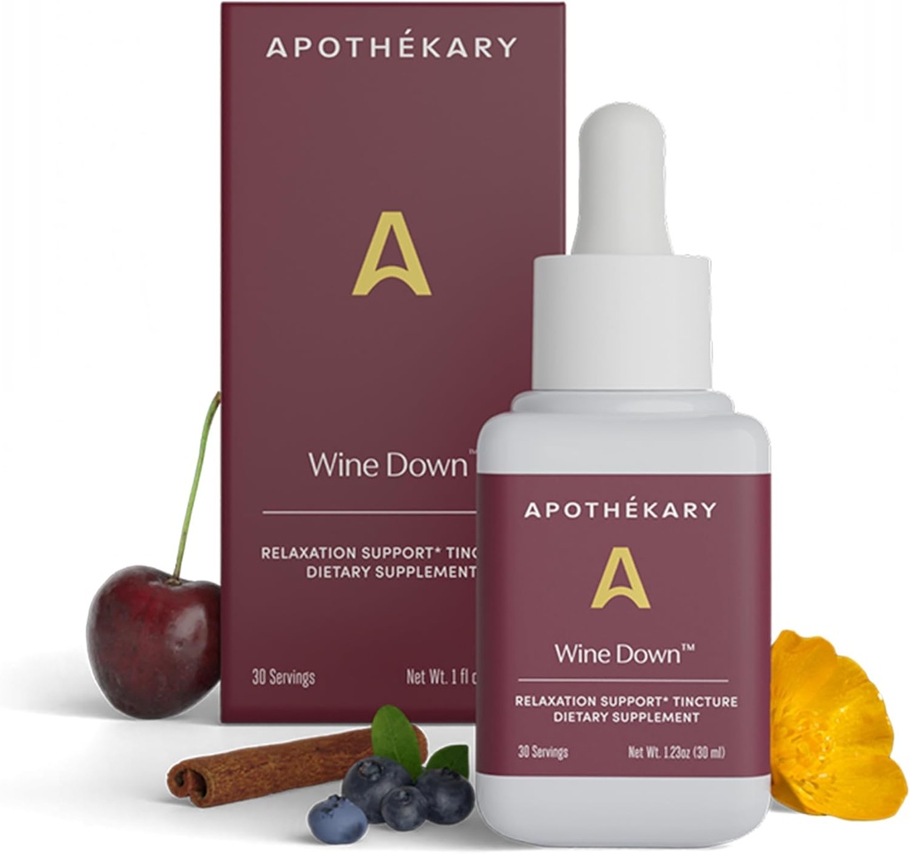 Apothékary Wine Down, Natural Sleep and Relaxation Support, Alkohol- Free Red Wine- Inspired Herbal Liquid Drops, Består af blå Verbena, Tart Cherry, og Californien Poppy, 1 oz, 30 Servere