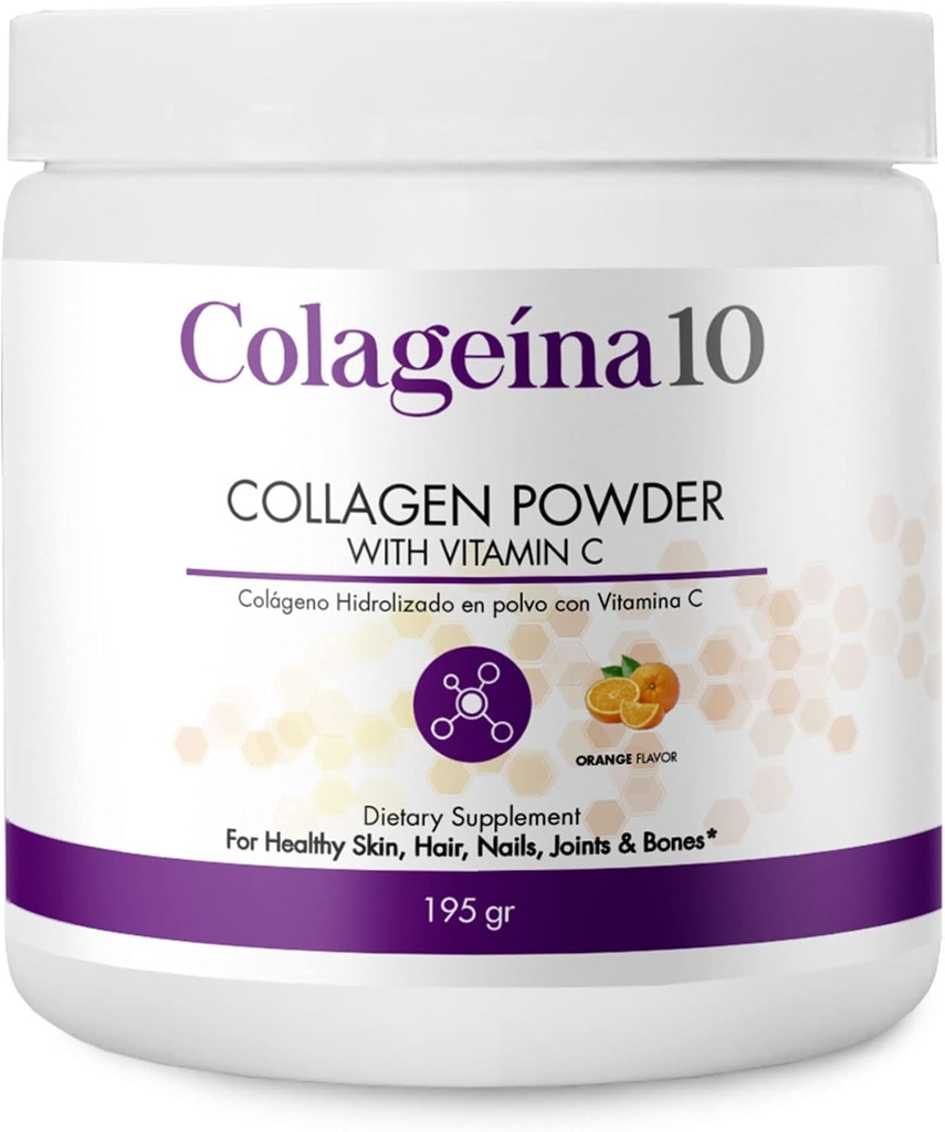 Colageina 10 Hydrolyzed Collagen Pulver med C-vitamin (195 gr) - Orange Flavor - Anti- Aging Kosttilskud til sund hud, hår, negle, Joints, og knogler
