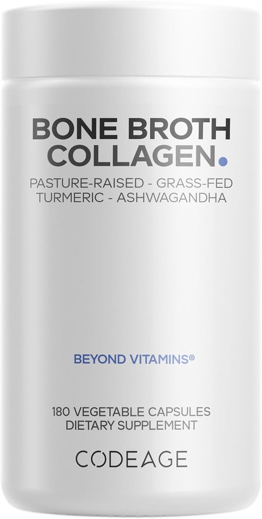 Kodeage Organic Bone Broth Collagen Peptider Kapsler Supplement, Bone Broth Græs Fed Beef, Free- Range Kylling, Gurkemeje & Ashwagandha - Kollagen Type I, II, III - Non-GMO - 180 Kapsler