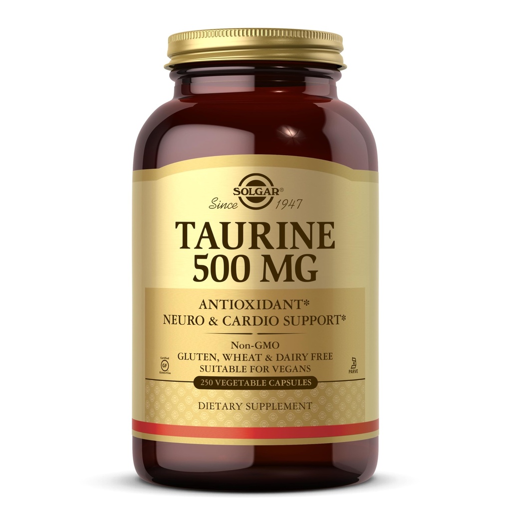 Solgar Taurine 500 mg, 250 Vegetabilske kapsler - Antioxidant - Hjerne Sundhed - Aminosyre - Vegan, Gluten Free, Dairy Free, Kosher - 250 Servere