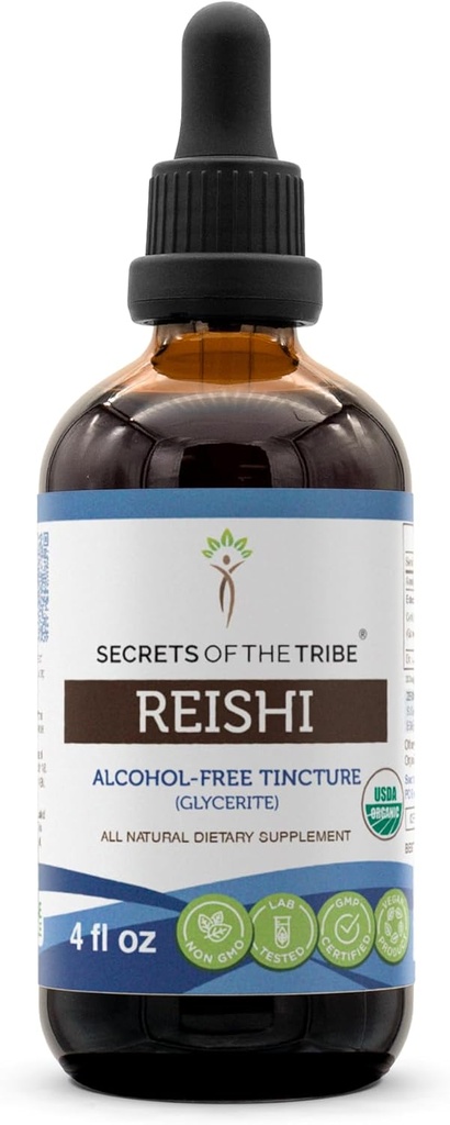 Secrets of the Tribe Reishi USDA Organic Mezzogiorno 124; Alcohol- Free Extract, High- Potency Herbal Drops Mezzogiorno 124; Lavet af 100% Certified Organic Reishi Mushroom (Ganoderma Lucidum) (4 oz)