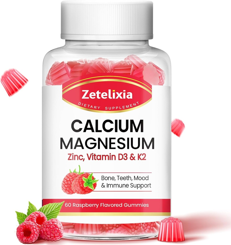 Calcium Magnesium Zink gummier med vitamin D3 & K2, Calcium gummier til B0nes Muskler, Kvinder & Mænd, Raspberry Flavor - 60 Greve