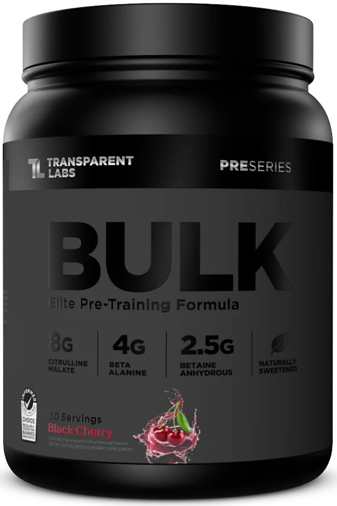 Transparent Labs Bulk Black Pre Workout - Klinisk doseret, Sukker gratis Preworkout for mænd og kvinder med Beta Alanine pulver, Citrullin Malat, & Koffein - 30 Servere, Black Cherry