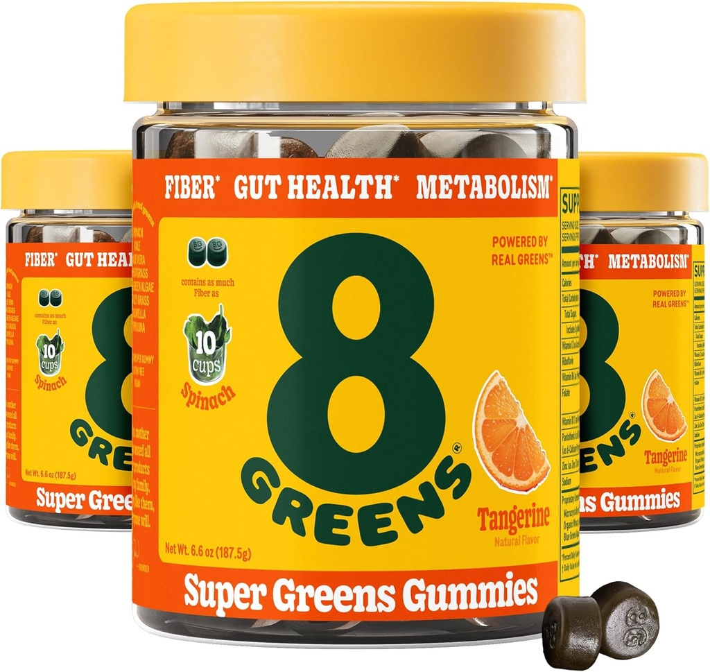 8Greens Daily Fiber Super Green Gummies - Tangerine Flavor: Boost immunsystem & fordøjelsessundhed med 8 Rigtige Grønne - non-GMO formel, Chewables, 50 Gummies, pakke med 3