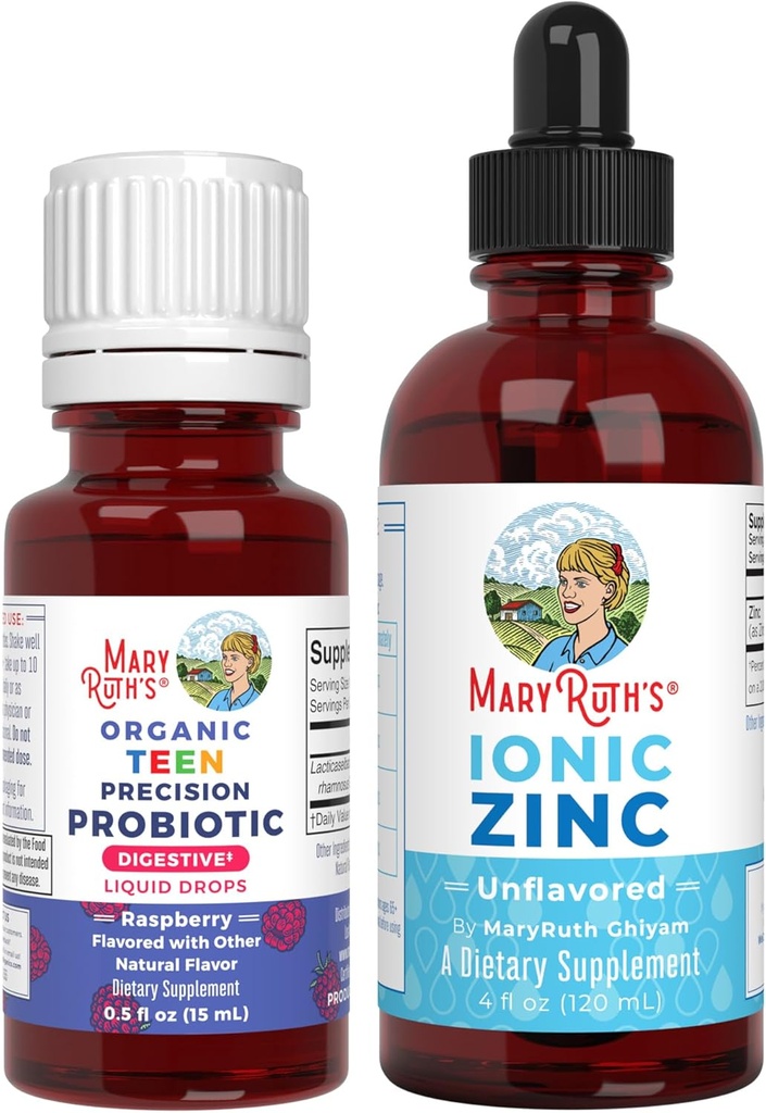 MaryRuth Organics Precision Probiotic for Teens (Raspberry) & Zink Drops Measures 124; Clean Label Project Verified ® Measures 124; Vitamin til Gut Health, immunforsvar, & Samlet Wellness Measures 124; Vegan, Non- GMO, Gluten Free