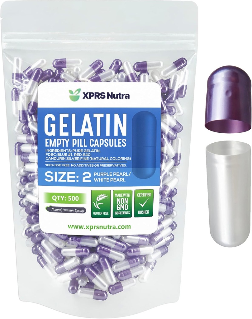 XPRS Nutra Størrelse 2 Tomme kapsler - 500 Tomme Gelatine kapsler - Piller gør det - Pure Bovin Pill Gel Caps for Do- It- Yourself Kosttilskud (Pearl Purple / White)