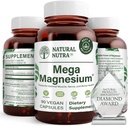 Natural Nutra Mega Magnesium 400mg Supplement - Høj Absorption Aminosyrechelat, Citrat, Malat Blend for Muskelvækst, Knoglestyrke, Heart Health, Nerve Support - 90 Kapsler (pakke med 2)