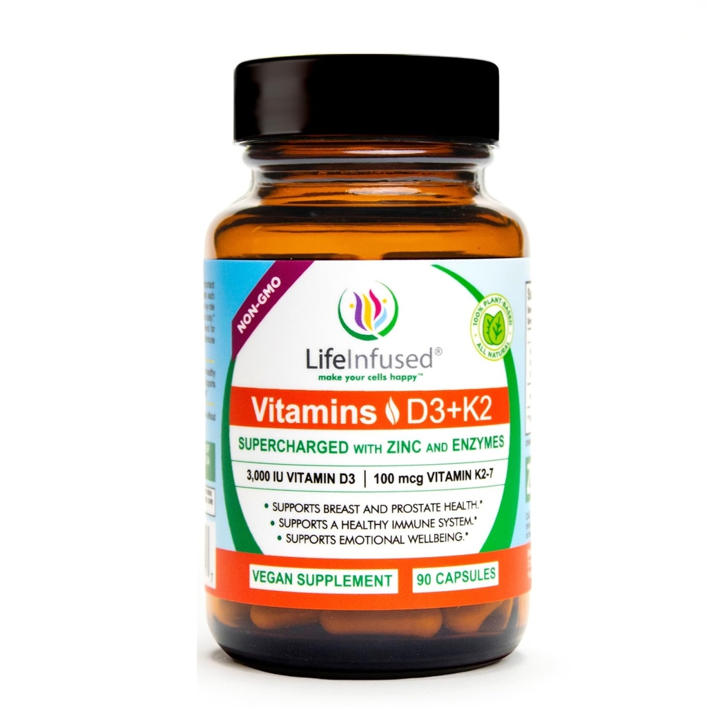 Life Infunded Vitamin D3 + K2 Supercharged med zink og enzymer, Hjælp med at vedligeholde sundt immunsystem, Knoglehelbred, følelsesmæssige velvære, 90 kapsler.