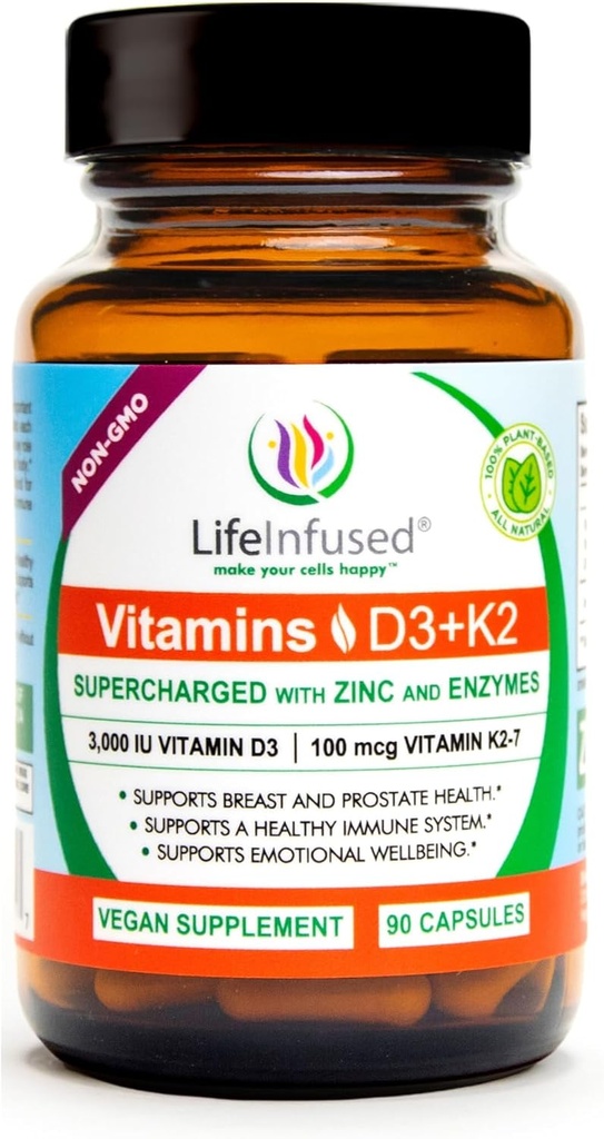 Life Infunded Vitamin D3 + K2 Supercharged med zink og enzymer, Hjælp med at vedligeholde sundt immunsystem, Knoglehelbred, følelsesmæssige velvære, 90 kapsler.
