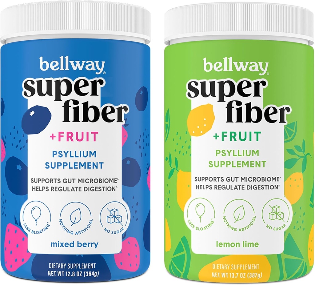 Bellway Super Fiber Powder + Frugt, Sukker Free Organic Psyllium Husk Powder Fiber Supplement for regelmæssighed, Bloating Relief & Gut Sundhed, Non- GMO, Blandede Berry & Lemon Lime