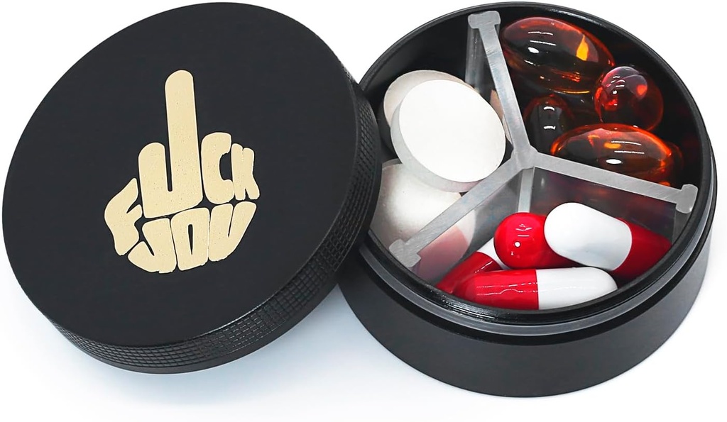 Lille pillekasse 3 afdelinger, Metal Round Portable Pill Box, Vandtæt Rejsepille Organizer, Pocket Purse Medicine Vitamin Holder EDC Container (Sort med Finger)