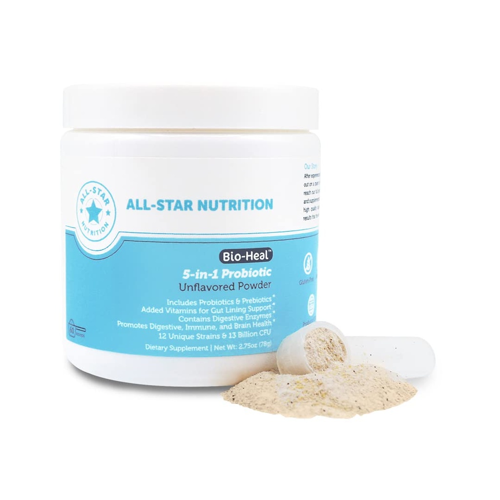 5-in-1 Bio- Heal ® Probiotisk for Kid, Mænd & Kvinder (Powder) - Bedste supplement til hjernefunktion, Gut Health & Forstoppelse - Hylde Stabil & Forstærket med Vitamin, Mineraler og Prebiotika