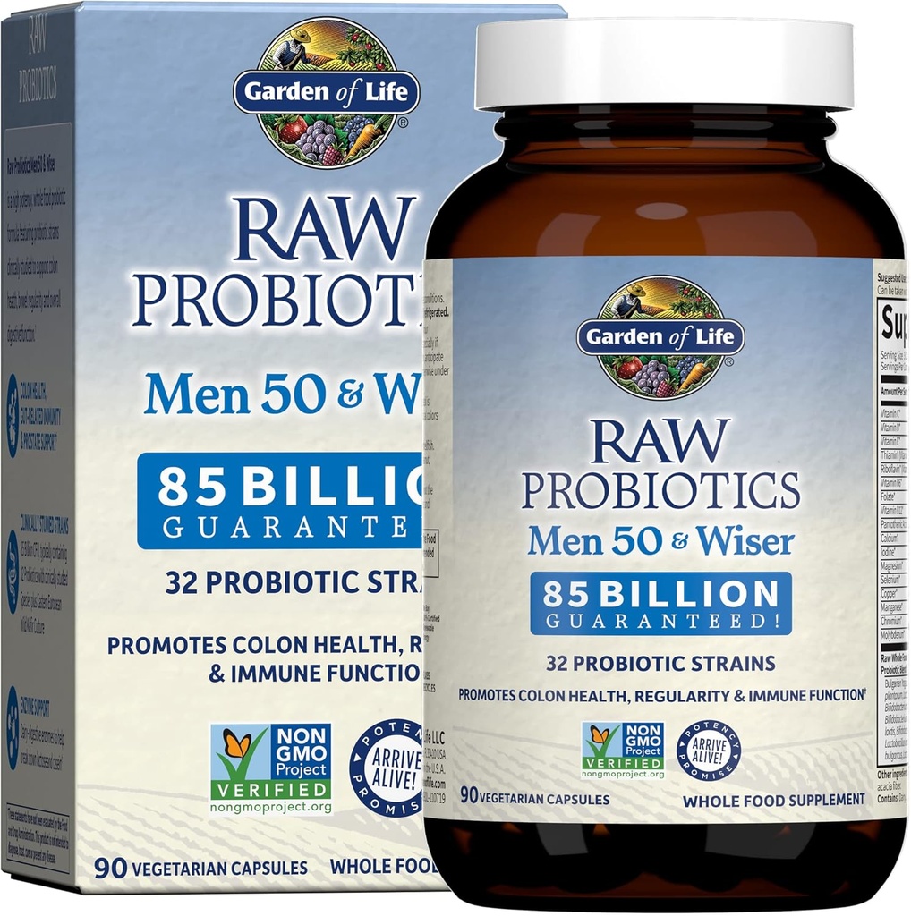 Have af liv Raw Probiotika til mænd Over 50 - Mænd 50 & Wiser Probiotika med Acidophilus og Bifidobacteria Probiotika-Created Vitaminer, Enzymer og Prebiotika, Gluten Free - 90 Vegetariske Kapsler