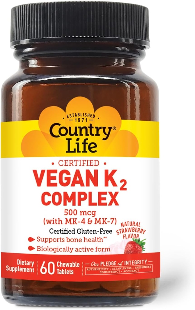 Country Life ® Vegan K2- 500 mcg, 60 Ct. Chewable Tablets. Jordbær Flavor - Certificeret Gluten Free - Certificeret Vegan af AVA - til støtte ben sundhed