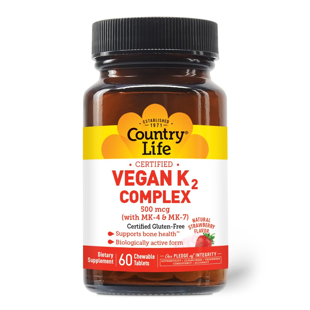 Country Life ® Vegan K2- 500 mcg, 60 Ct. Chewable Tablets. Jordbær Flavor - Certificeret Gluten Free - Certificeret Vegan af AVA - til støtte ben sundhed