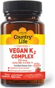 Country Life ® Vegan K2- 500 mcg, 60 Ct. Chewable Tablets. Jordbær Flavor - Certificeret Gluten Free - Certificeret Vegan af AVA - til støtte ben sundhed