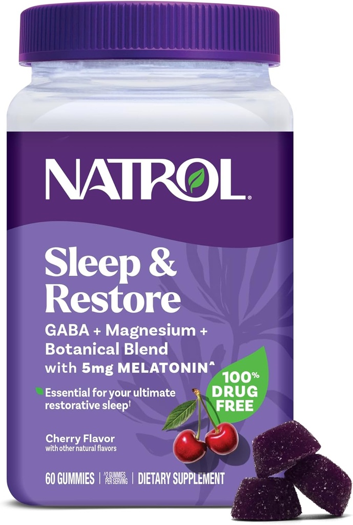 Natrol Sleep + Gendanne Magnesium Glycinat Glycinat Gummies med Melatonin 5mg - Rolig Magnesium med GABA, Botanisk Blend, Cherry Flavor, 60 Gummies