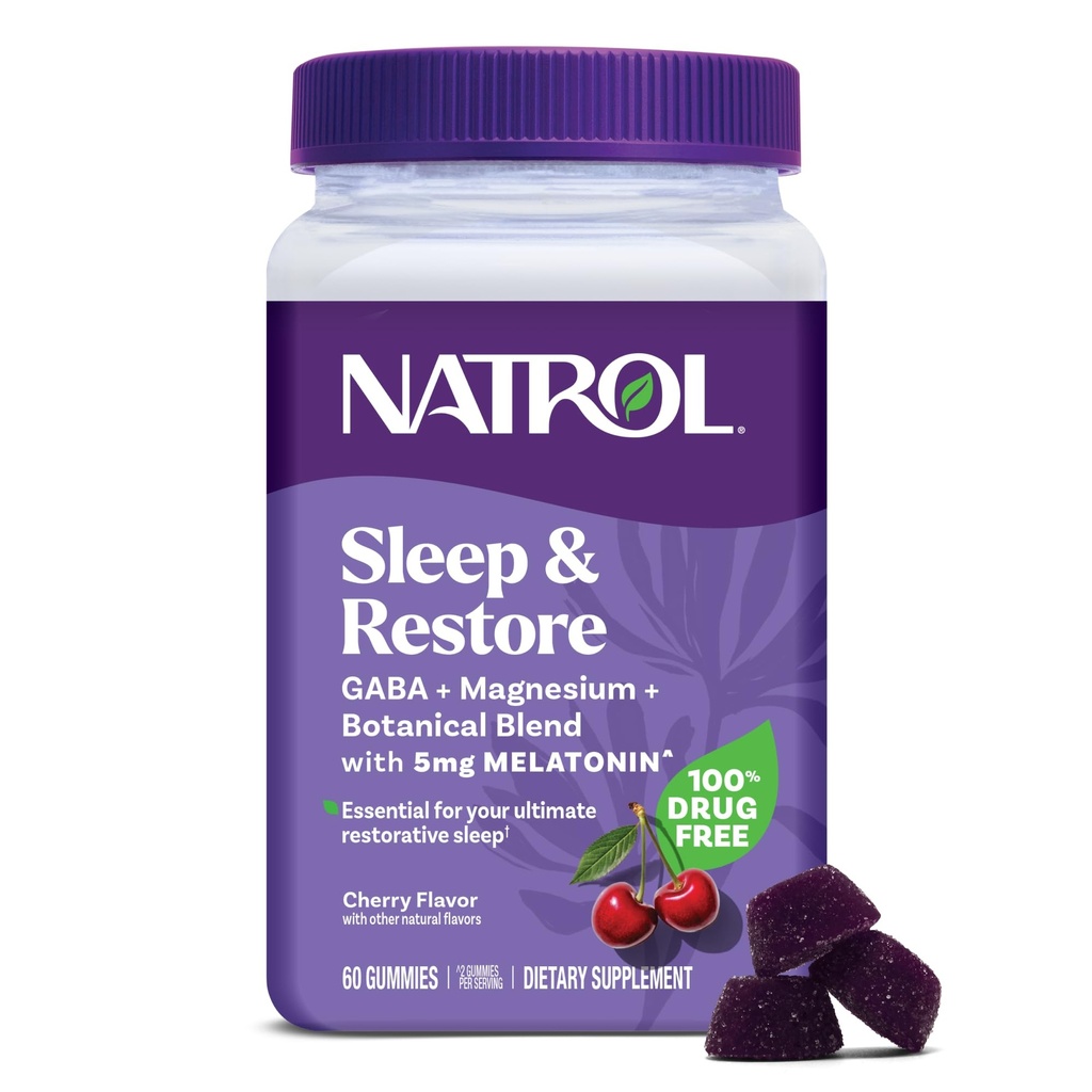 Natrol Sleep + Gendanne Magnesium Glycinat Glycinat Gummies med Melatonin 5mg - Rolig Magnesium med GABA, Botanisk Blend, Cherry Flavor, 60 Gummies