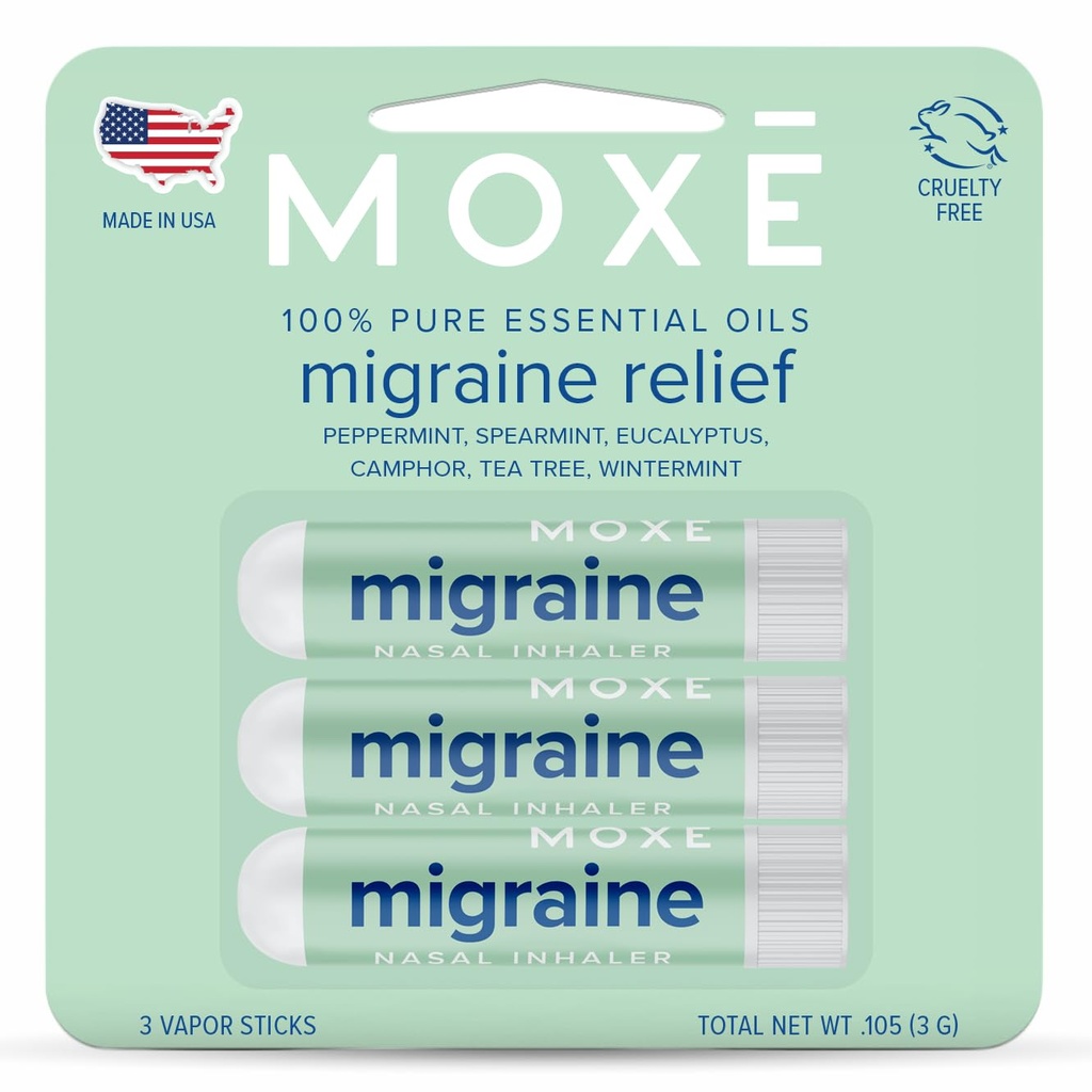 MOXE Migraine Relief Nasal Inhalers, Essential Oliils for Heaaches & Tension Relief, Portable Aromaterapi, Easy- to- Ufortyndet, Pebermynte, Spearmint, Eucalyptus, Tea Tree, USA Made, 3 Pack