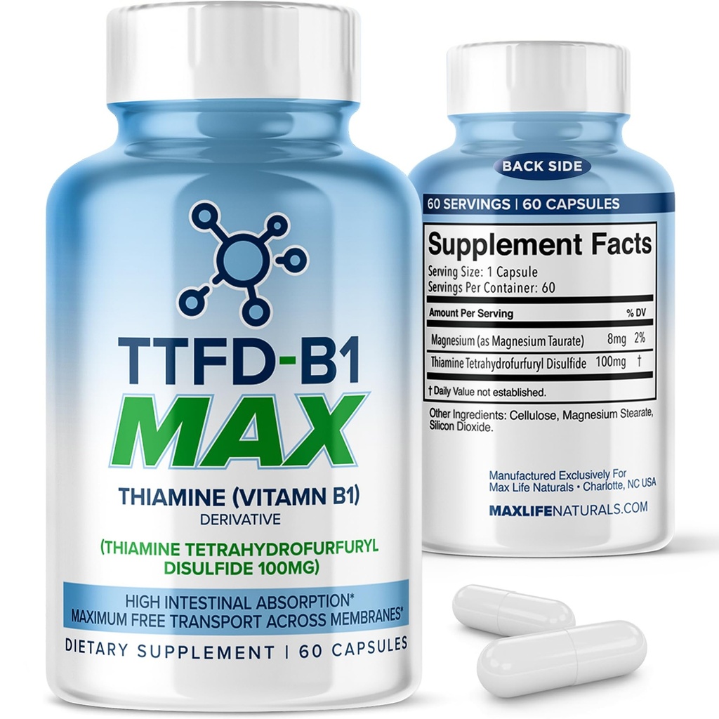 TTFD Thiamin B1 Supplement 60Kapsler Lavet i USA- Thiamin TTFD vitamin B1 MAX, High- Potency Supplement for Energy & Focus, Understøtter sund nerve funktion & Samlet wellness af MaxLife Naturals