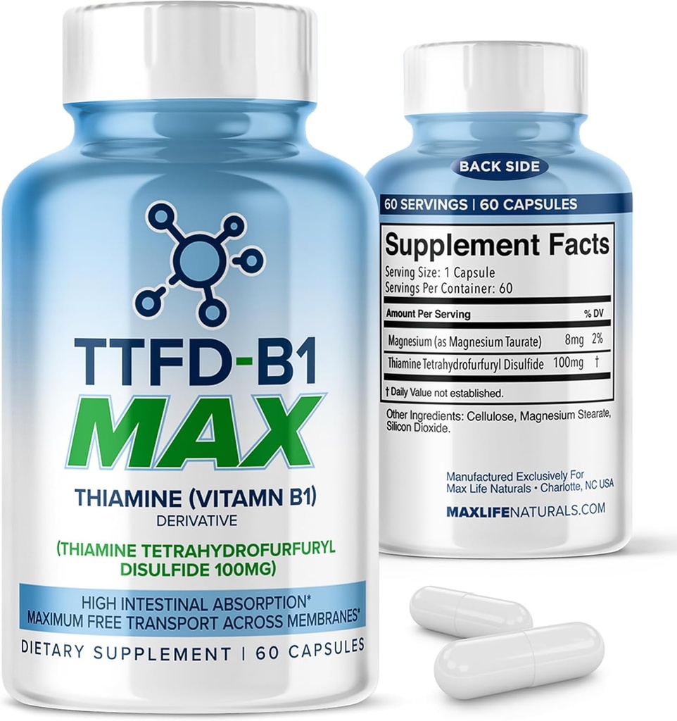 TTFD Thiamin B1 Supplement 60Kapsler Lavet i USA- Thiamin TTFD vitamin B1 MAX, High- Potency Supplement for Energy & Focus, Understøtter sund nerve funktion & Samlet wellness af MaxLife Naturals