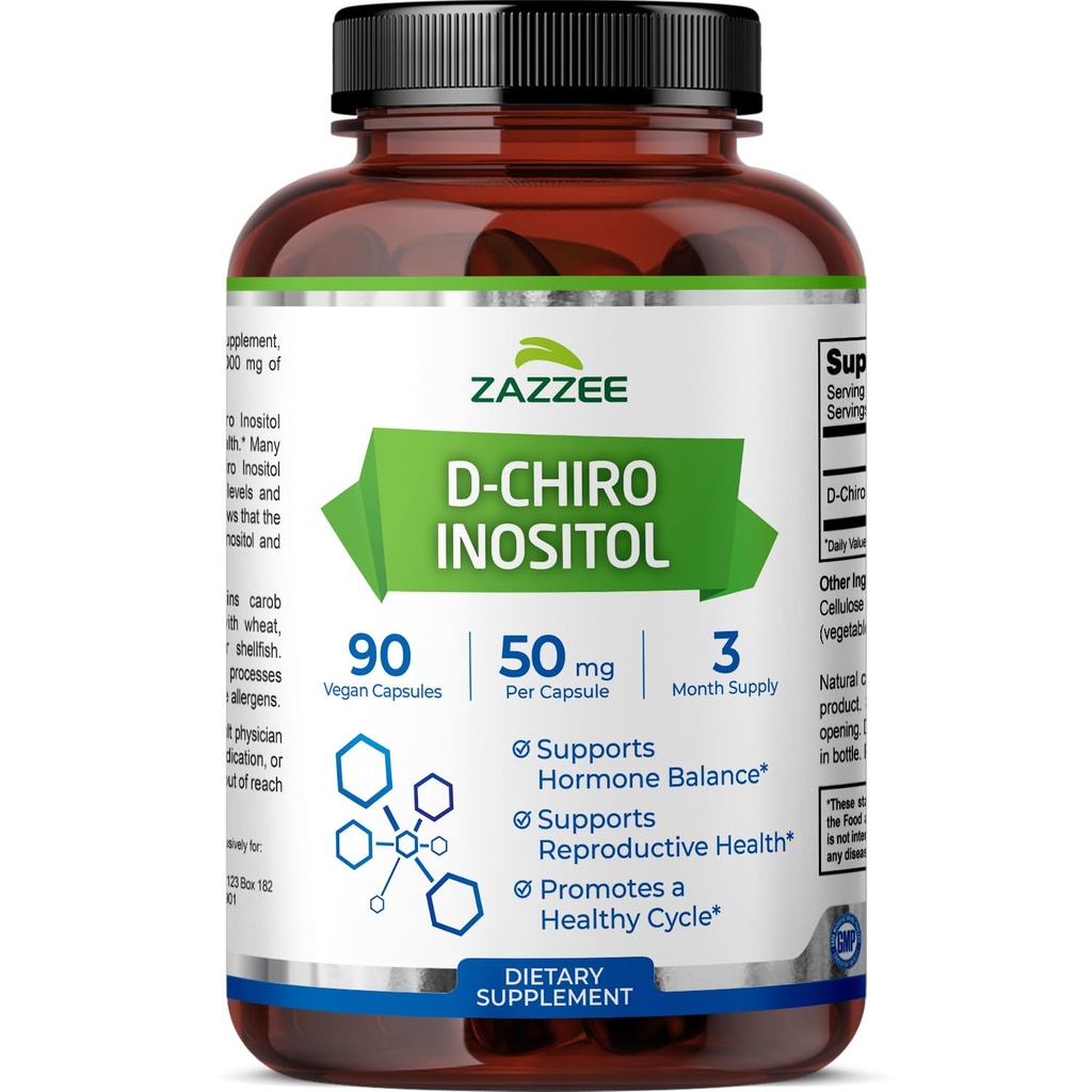 Zazzee D- Chiro- Inositol, 50 mg per kapsel, 90 Vegankapsler, Ideel dosering for 40: 1 Ratio med Myo- Inositol, 3 Måned Supply, 100% Vegetar, Non- GMO