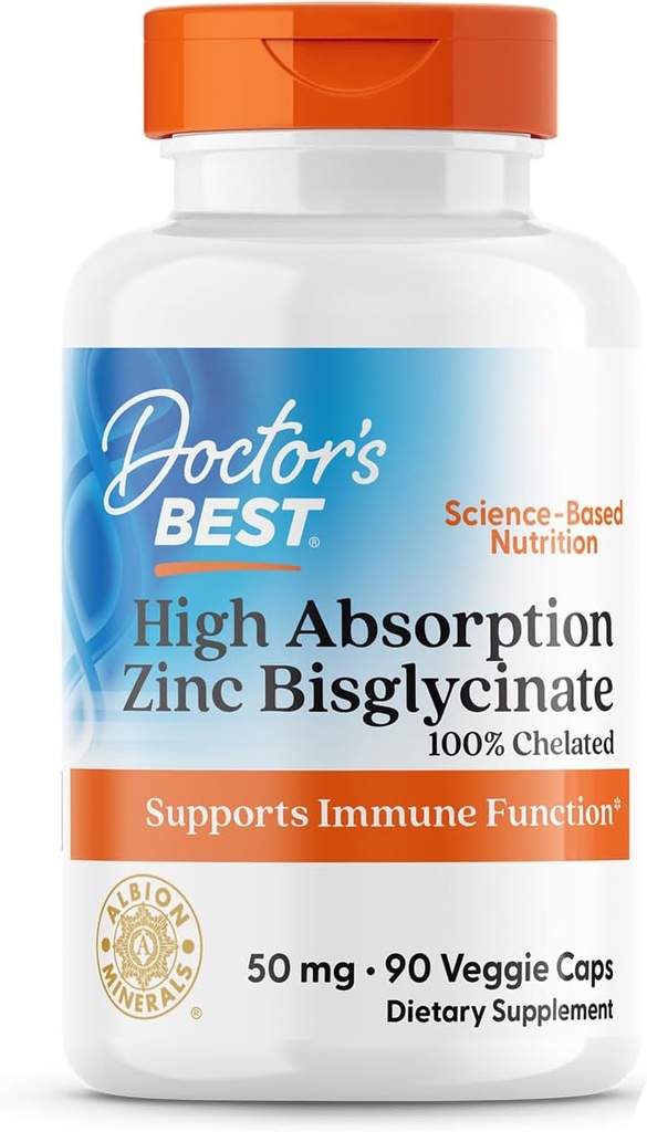 Doctor 's Best High Absorption Zink Bisglycinate 50mg High Potency Supporting Enhancing immunsystem Antioxidant VC, 90 Greve