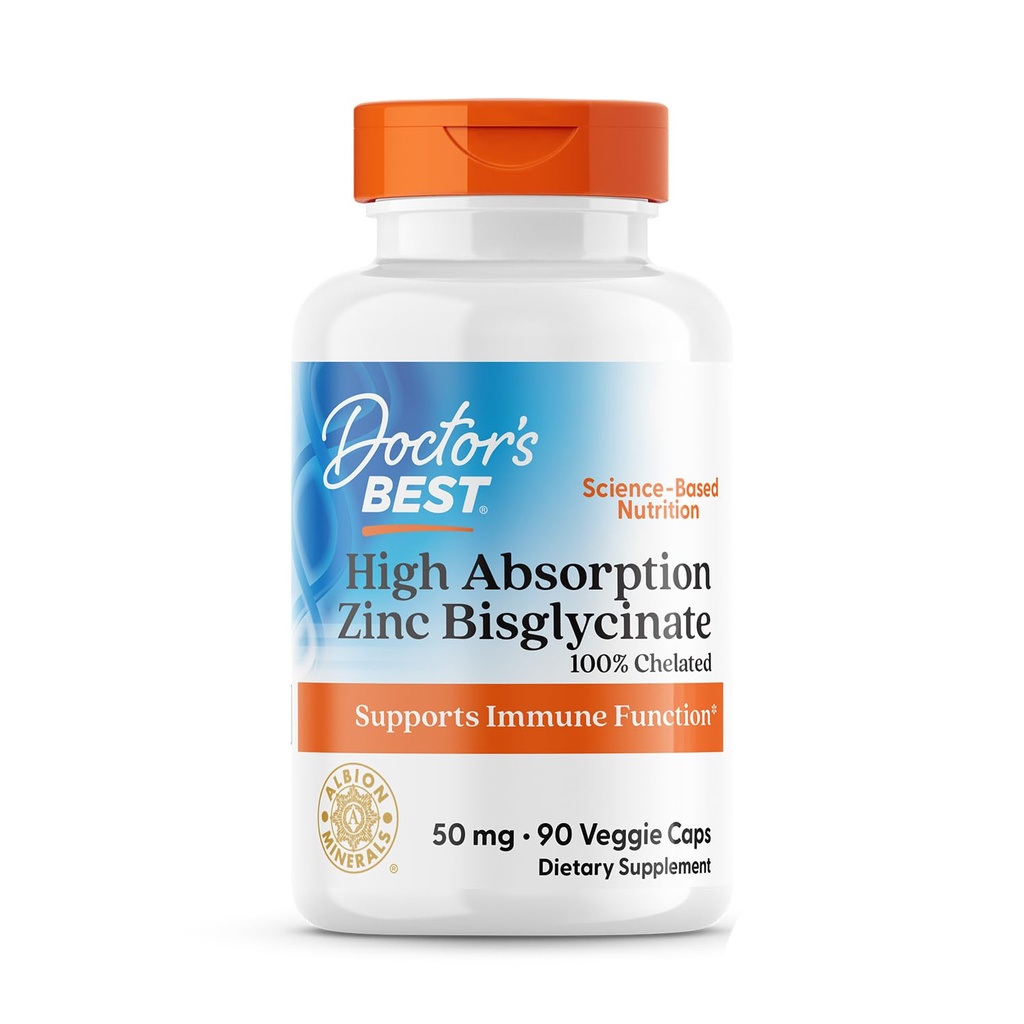 Doctor 's Best High Absorption Zink Bisglycinate 50mg High Potency Supporting Enhancing immunsystem Antioxidant VC, 90 Greve