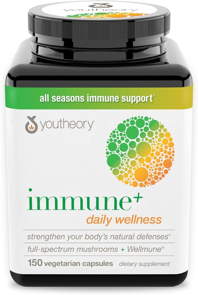 Youtheory Immune+ Daily Wellness- Organic Mushrooms- Beta Glucan- Vitamin C, D3 & Zinc 150 Vegetarian Caps
