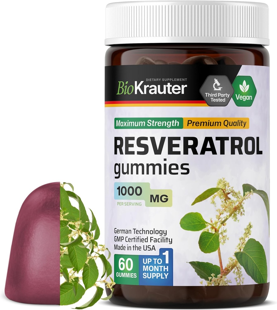 BIO KRAUTER Resveratrol Gummies - 1000 mg Styrke - 60 Vegan Chews - 98% Pure Trans Resveratrol Supplement - Antioxidant Support