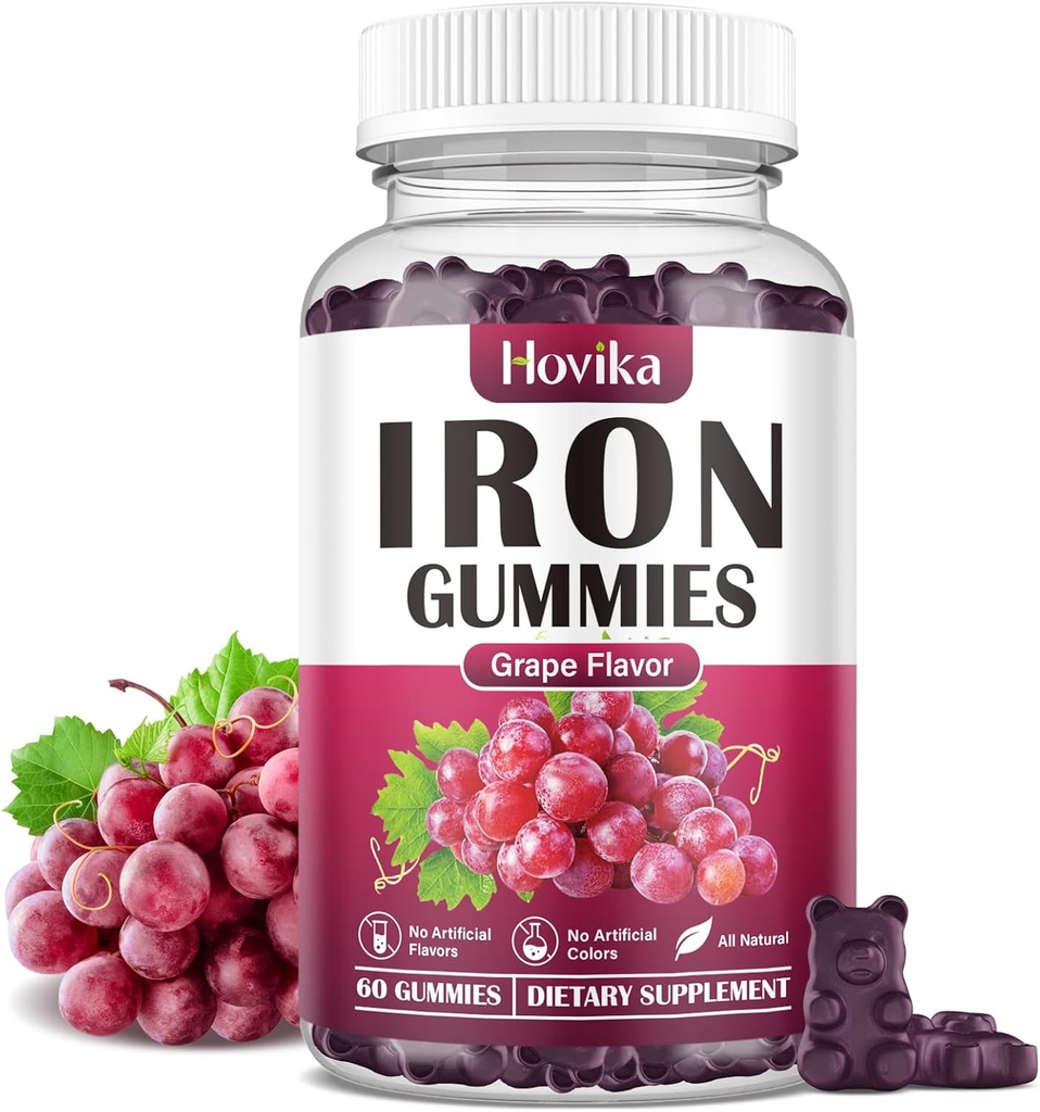 Iron Gummies Supplement for kvinder & mænd, Iron Supplements for Anæmi med C-vitamin, B12, Folate- Blood Builder & Energy Support for Iron Dificiency- Grape Flavor, Vegan, 60 Gummies